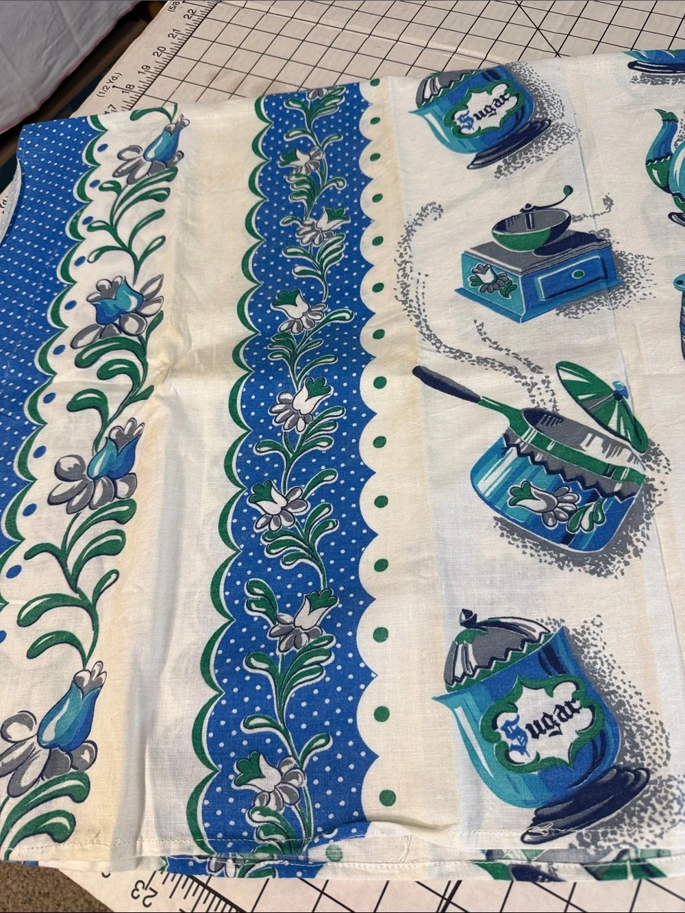 Vintage 1970s Handmade Blue Green Kitchen Tablecloth 42x36 Coffee Pot Sugar Bowl